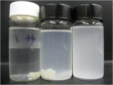 Solubility test of beeswaxes in ethanol. [ Original beeswax(left), extracted yellow beeswax(middle), extracted white beeswax(right) ]