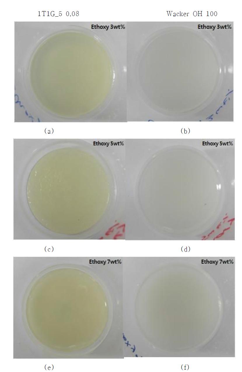 T1G-5 0.08 또는 Wacker의 (3-Aminopropyl)triethoxysilane을 전처리 한 Aerosil OX 50의 wt%에 따른 건조 젤 형태