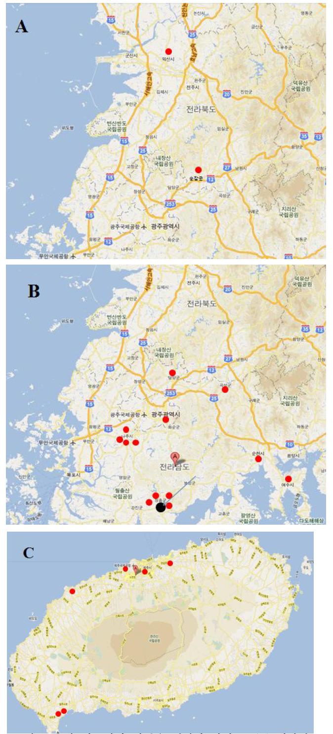 본 연구에서 샘플을 채취한 지역들.