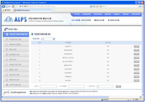 기관선정 유망아이템 관리화면