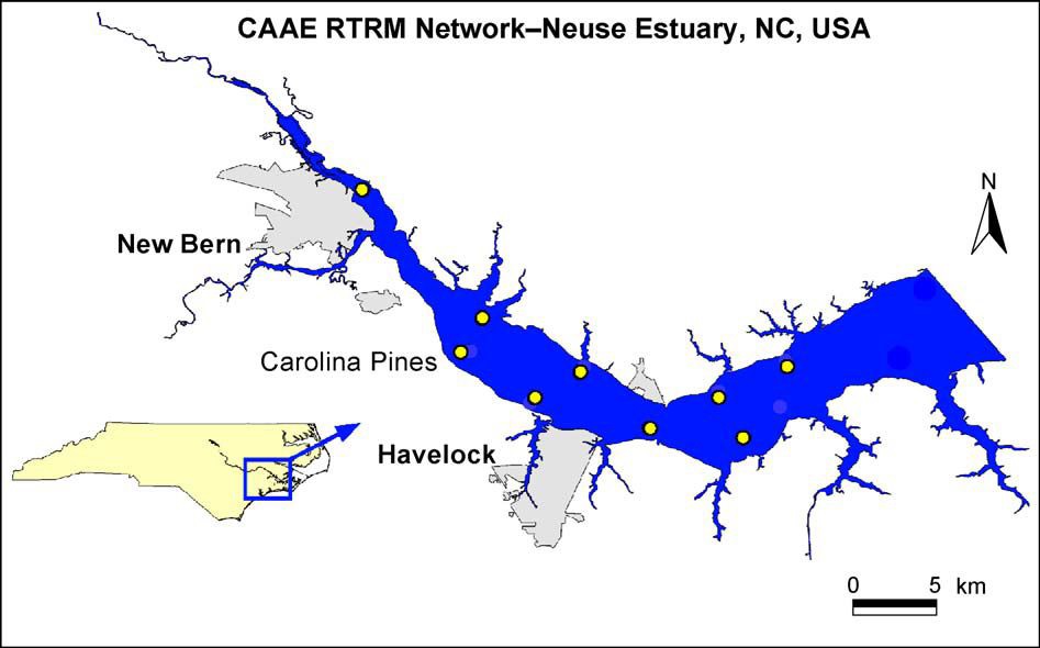 Monitoring sites of the Neuse Estuary Monitoring and Research Program. Meteorological and hydrological parameters are monitored in real time and a platform is deployed for biological and chemical sampling