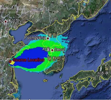 중국원전사고 가정 시 대기확산 형태