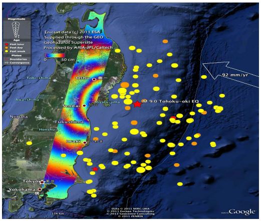 GEOPortal에서 제공하는 정보의 예: 일본 센다이 지역의 지진 활동 정보