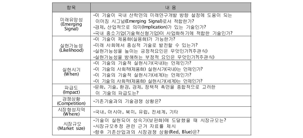 유망성여부 평가 주요항목