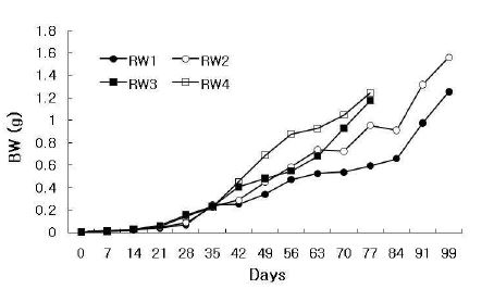 그림 5. 흰다리새우 중간육성 시험구별 주간성장률 변화.