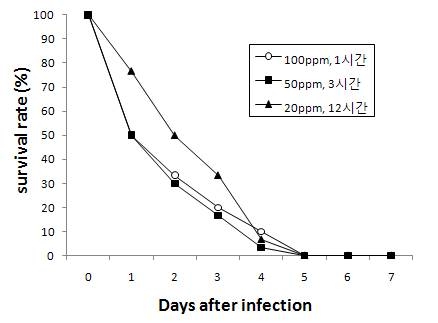 그림 7. 중감염된 어류의 포르말린에 대한 농도별 치료효과 시험