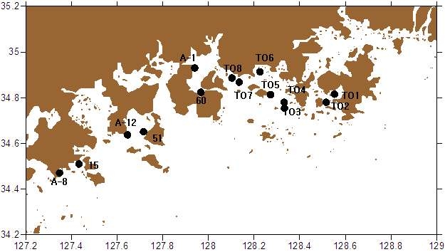 그림 2. 독성플랑크톤 모니터링을 위한 남해안 14개 조사 정점.