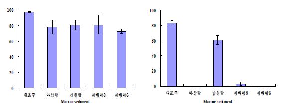 그림 3-6. 퇴적물 추출액에 노출된 말똥성게(Hemicentrotus pulcherrimus)의 성장 및 유생 발생률.