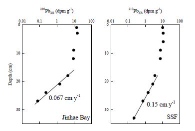 그림 34 주상퇴적물에서 과잉 210Pb의 수직분포 및 퇴적속도