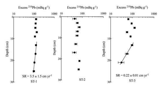 그림 40 조사 지점별 과잉 Pb-210 수직분포 및 퇴적속도