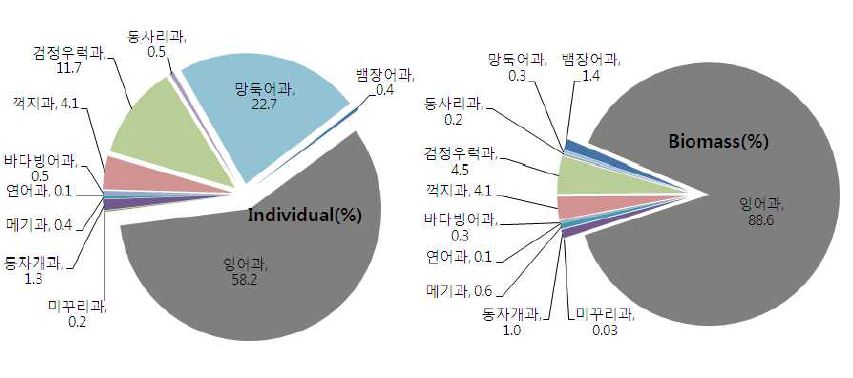 그림 2. 2009년 충주호 자원의 과별 개체수와 생체량의 출현비율