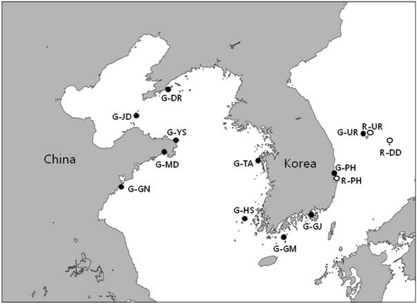 그림. 1. 한국산 및 중국산 해삼 시료 확보 지역.