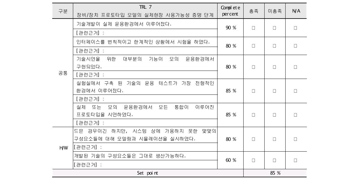 장비/장치 유형 건설교통 R&D 사업 TRL 7단계 체크리스트