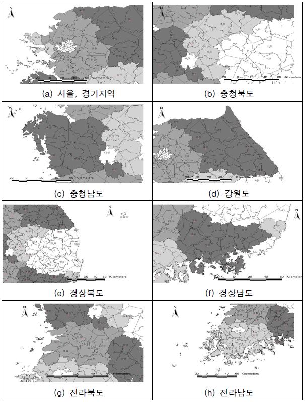 그림 4.31 한국 주요도시별 Thiessen 망