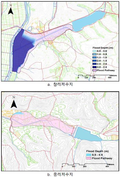 그림 6.63 GIS기법을 이용한 댐 붕괴에 따른 홍수범람도