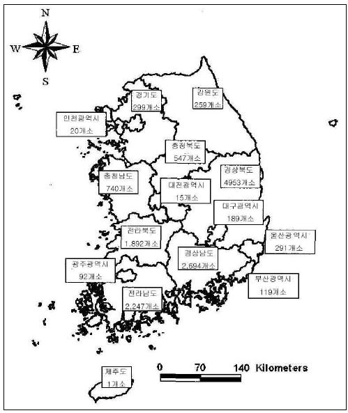 그림 2.7 전국 지자체 조사대상 저수지
