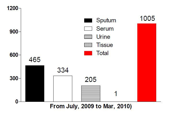 Number of specimens collected from TB patients in the Tuberculosis Specimen Biobank. The specimen were banked from July 2009 to March 2010 from TB patients who were voluntarily signed for the Informed Consent and hospitalized in National Masan Hospital