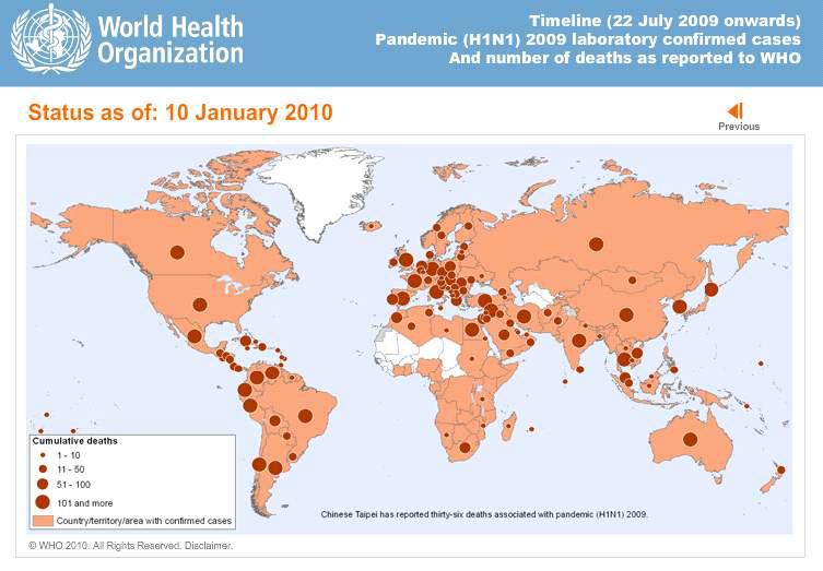 신종인플루엔자 발생 지역 및 사망자 발생 분포