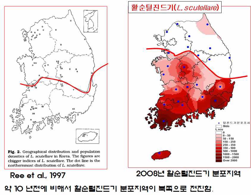 그림 3-31. 활순털진드기의 분포지역 변화