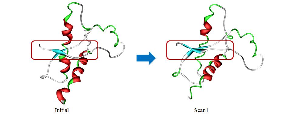 변성프리온 단백질의 구조 스페이스 탐색법에 의한 Scan1번 구조변화