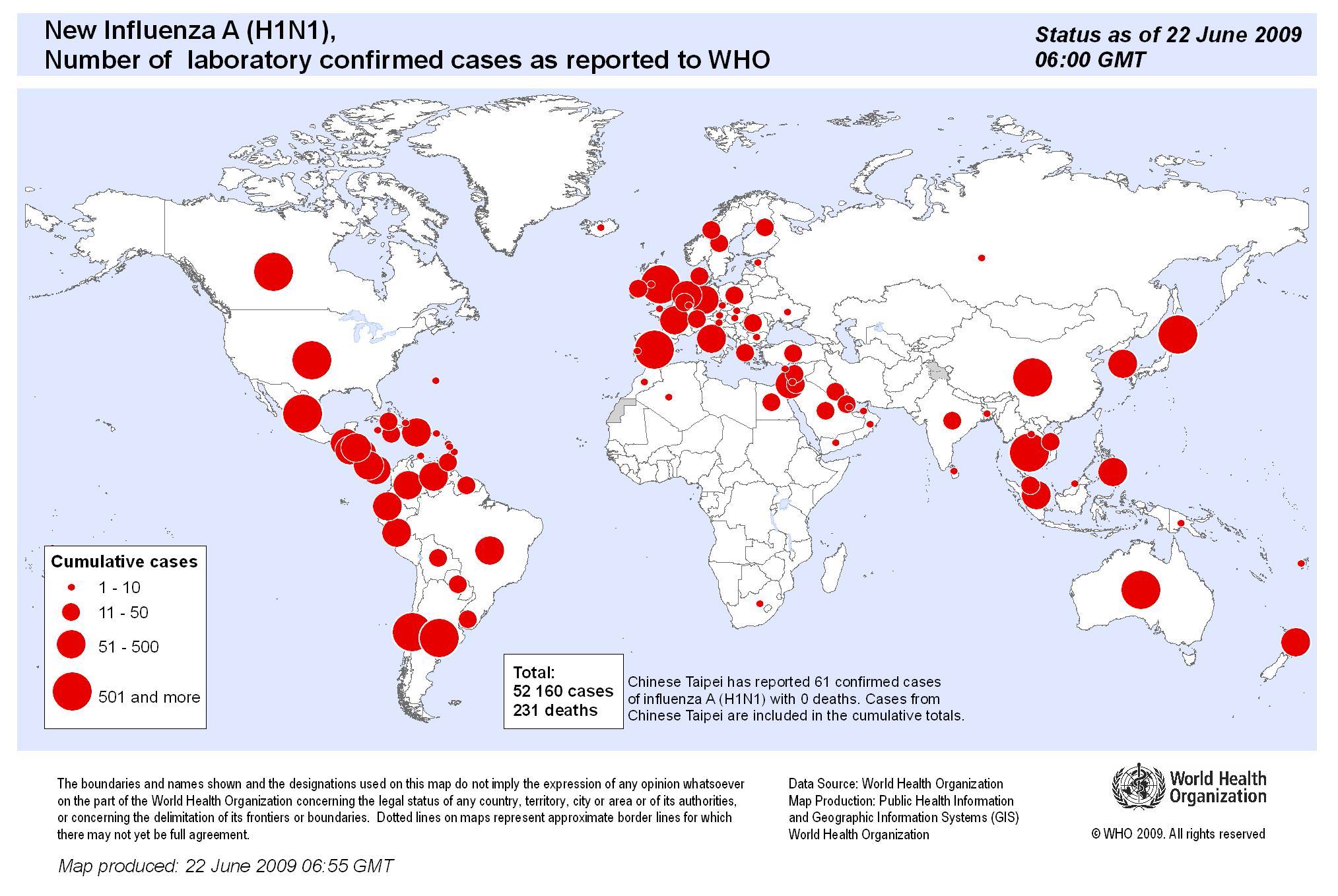 Map of the Spread of Influenza(H1N1), cited in http://www.who.int/csr/disease/swineflu/updates/en/index.html