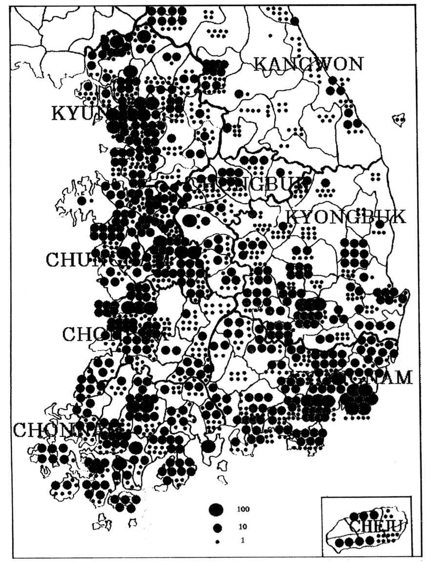 그림 4. Distribution of seropositive cases to R. tsutsugamushi among patients with acute febrile episodes by country in Korea, 1986-1993