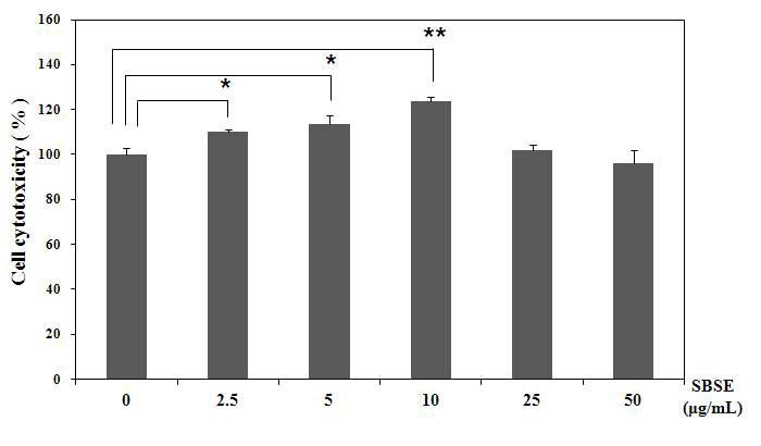 Effect of SBSE concentrations on the cytotoxicity in human fibroblasts by the MTT assay