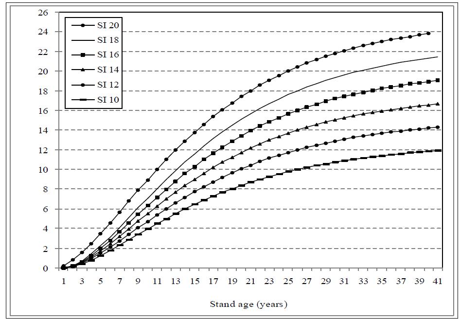 갈참나무에 대한 지위지수별 수고곡선