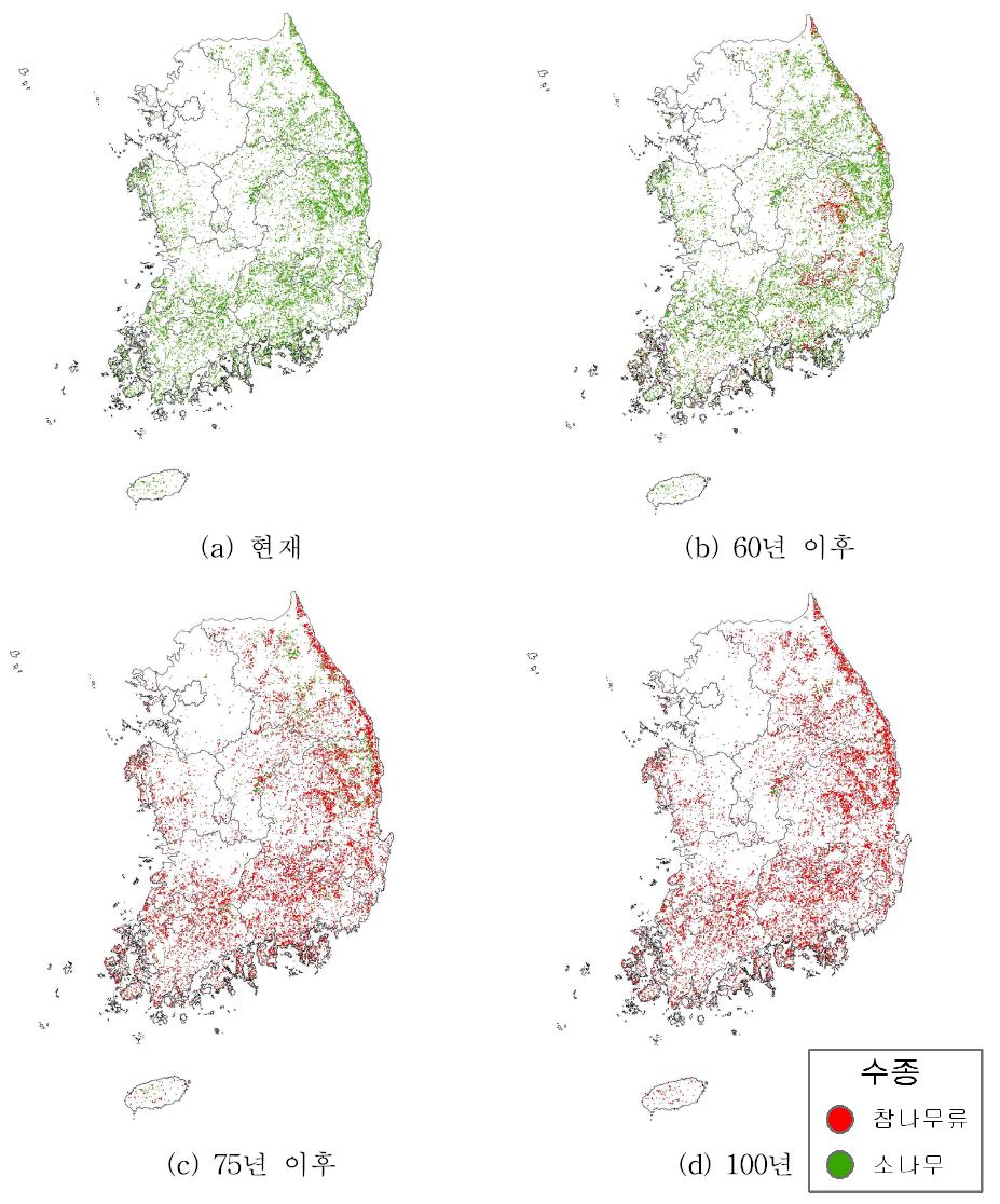 우리나라 소나무림과 참나무류림의 시기별 공간분포 변화