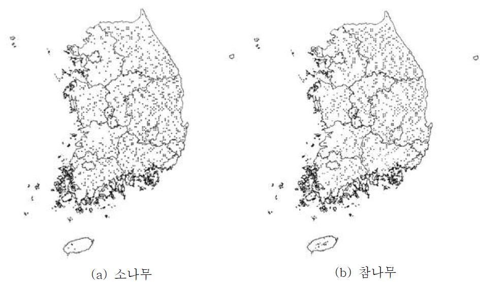 조사된 소나무 및 참나무의 공간 분포