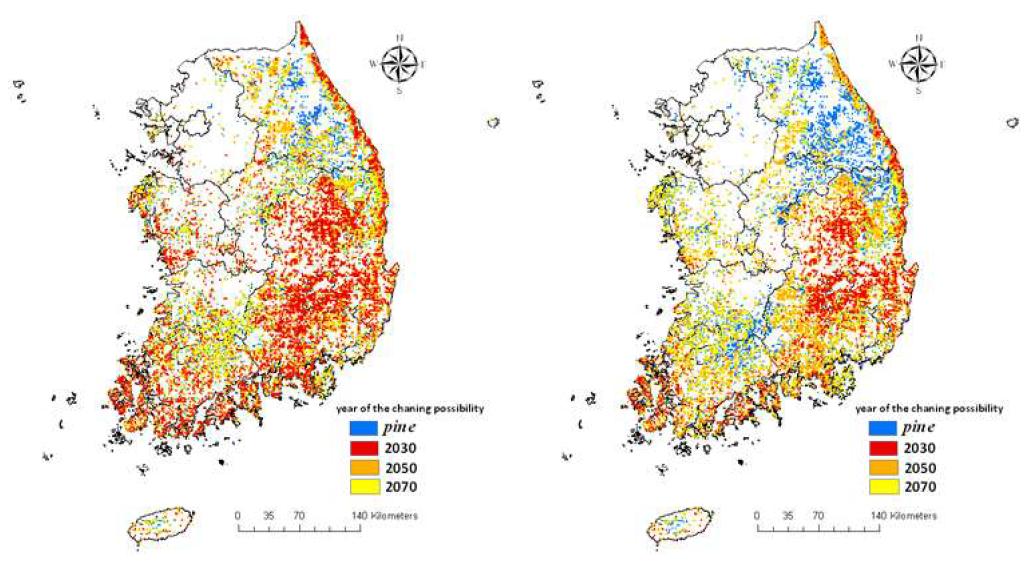 A2 시나리오를 전제로 시뮬레이션 된 소나무의 공간분포 변화