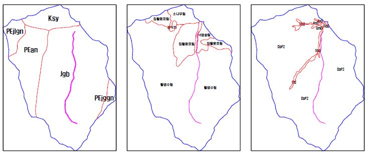 그림 3-38. 내리지구의 지질, 임상도 및 식생도