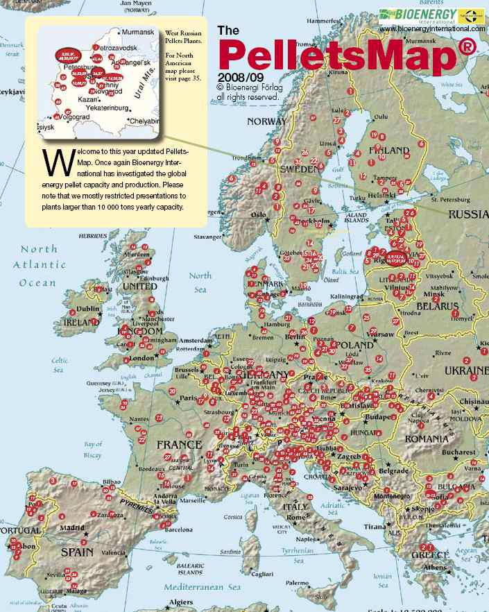 2008년도 유럽의 목질펠릿연료 공장분포도