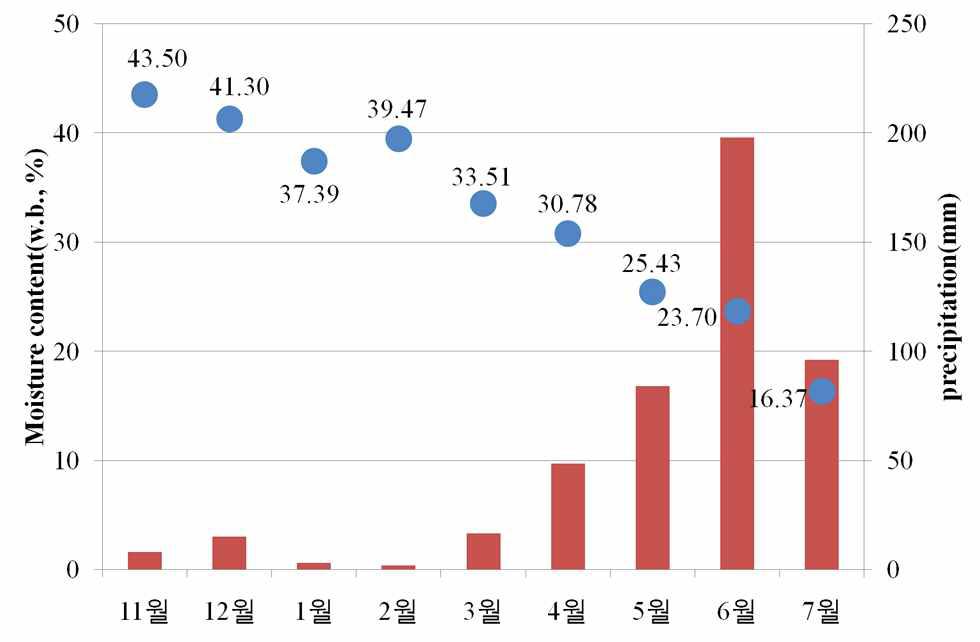 잣나무 가지의 함수율 변화