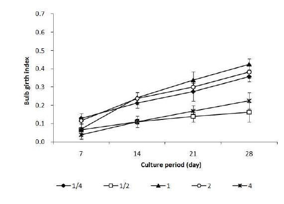 Effect of 7% sucrose and nitrogen source (NH4NO3) on bulb growth on MS solid medium for 4 weeks.