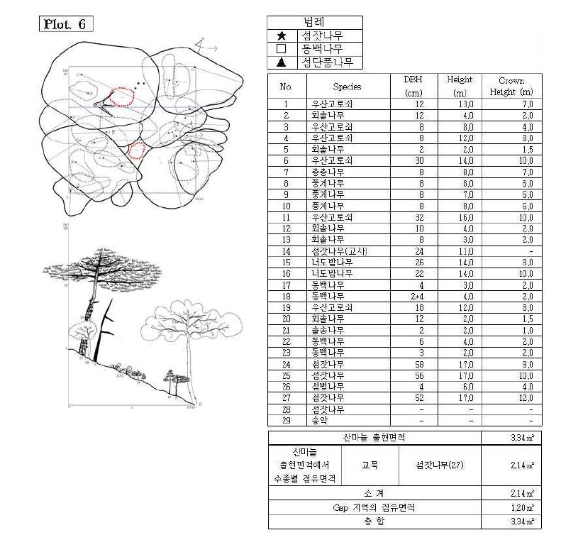 조사지 6의 수관투영도(왼쪽 위) 및 입면도(왼쪽 아래), 조사지에 나타나는 수종의 흉고직 경과 수고(오른쪽 위), 그리고 산마늘 출현면적(오른쪽 아래).