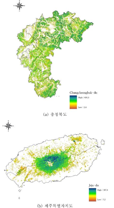 그림 69. 연구대상지의 산림 바이오매스 주제도.