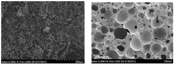 그림 23. 전자주사현미경 표면사진 (좌:활성탄, 우:탄화 폼)