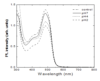 그림 3-19 질화갈륨(GaN)/그래핀(Graphene) 샘플의 다양한 산성도에서 광촉매 반응에 의한