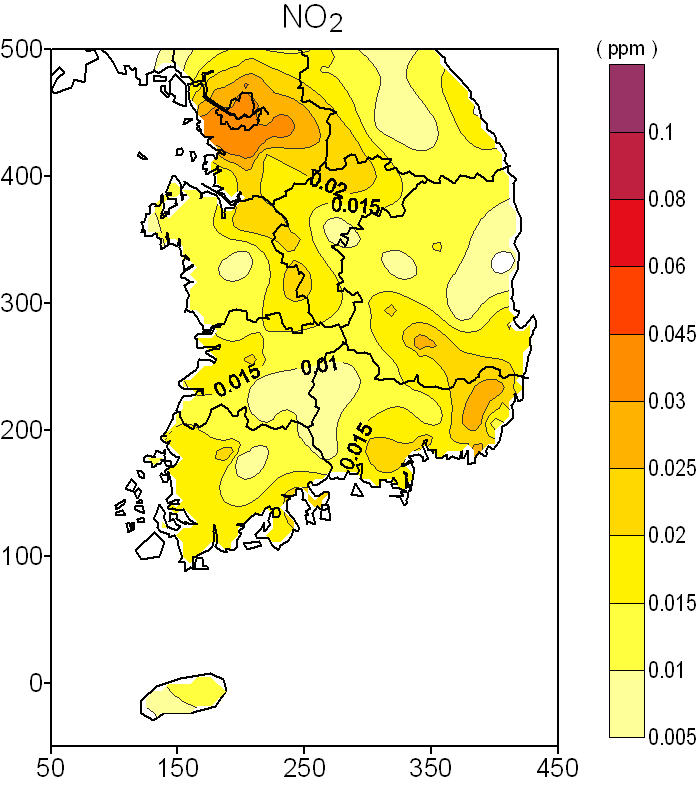 The spatial distribution of annual average NO2 concentration.