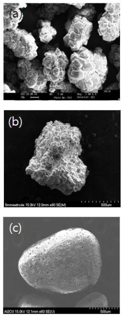 SEM micrographs of (a) Al(OH)3 powder, (b) ρ-Al2O3 granule, (c) ρ-Al2O3