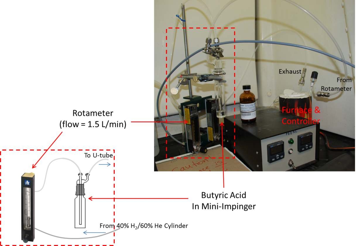 H2/60% He, 100% N2, or one of the two bubbled through butyric acid heated to 150°C and fed from a stainless steel line heated to 180°C.