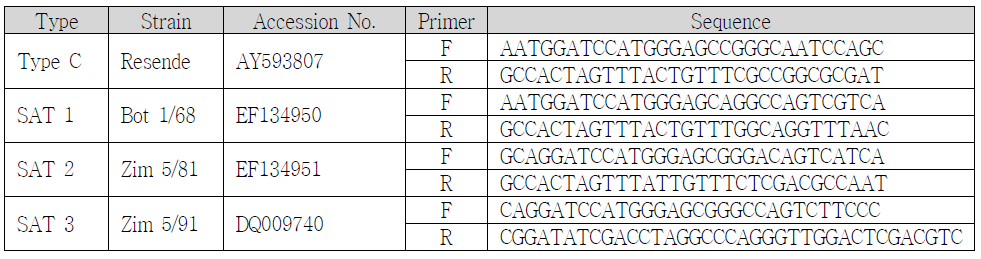 구제역바이러스 C형, SAT 1, 2, 3형 P1 유전자 증폭을 위한 primer 서열