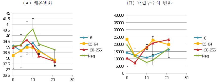 공격접종 후 체온변화(A) 및 백혈구수치 변화(B)