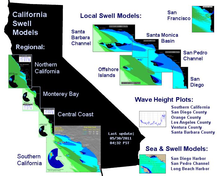 CDIP에서 제공하는 실시간 해양 상태 모델 결과 (풍파와 너울 분포를 나타냄)