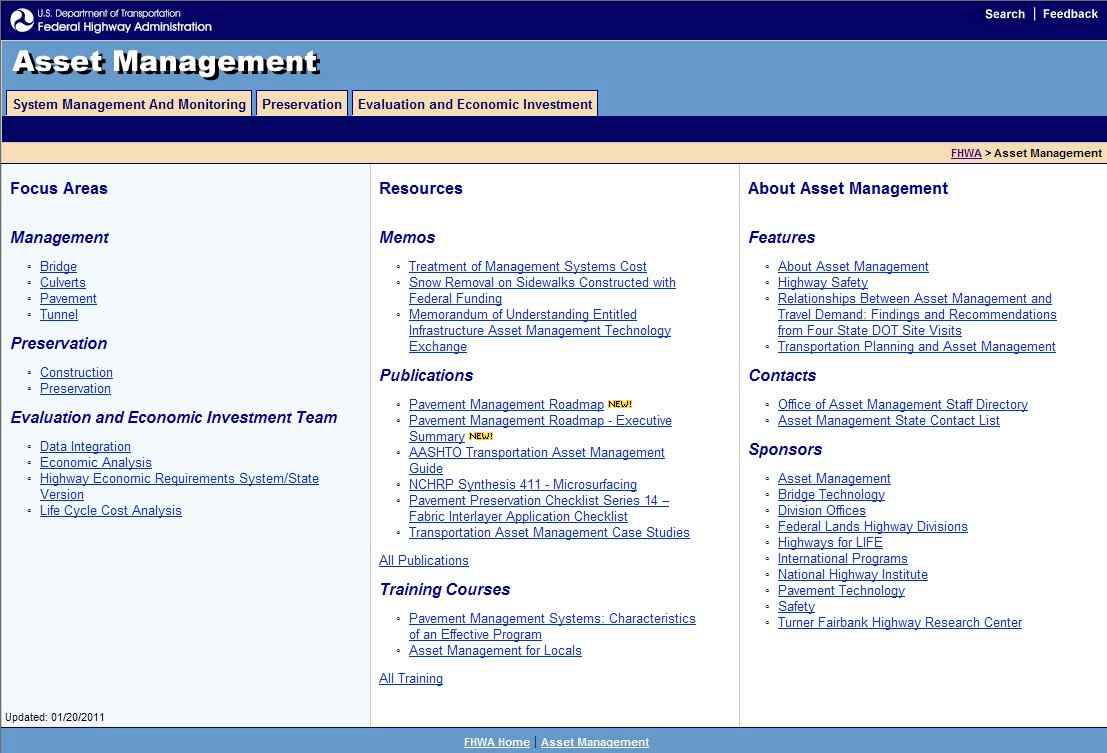 미국 FHWA의 자산관리 홈페이지