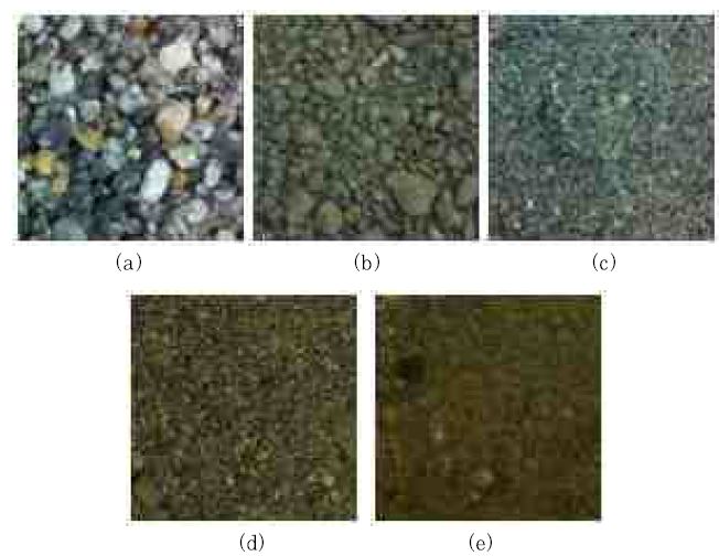 그림 4.2.7 자갈 1(a), 자갈 2(b), 모래 1(c), 모래 2(d), 진흙(e) 샘플