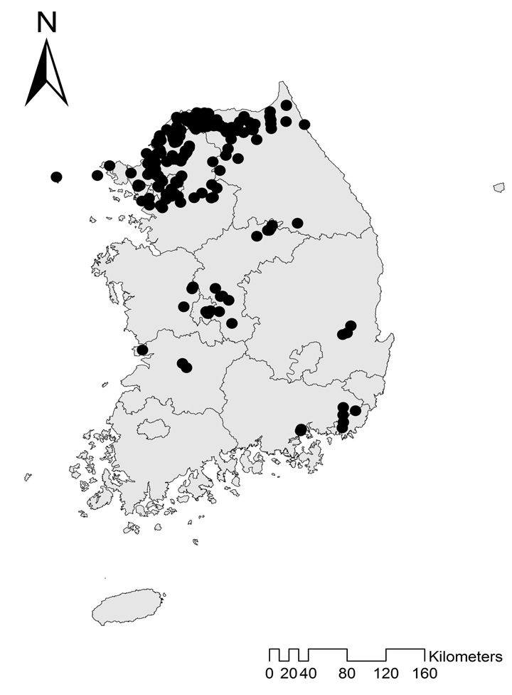 단풍잎돼지풀 전국분포도