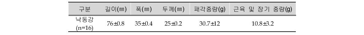 말조개의 평균 생체량 특성(±: 표준편차, n: 개체수)