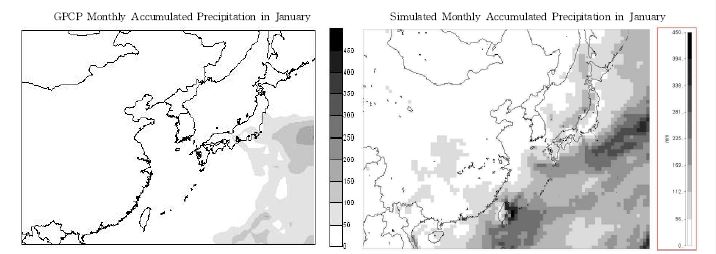 Fig. Ⅱ-17. GPCP data 와 MM5 결과의 월누적 강수량 분포 비교(2006년 1월)